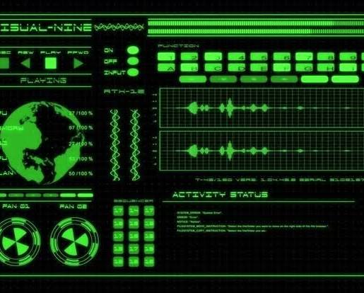 Phosphor-green console reference: panel frames, a status grid, and waveform readouts on black.